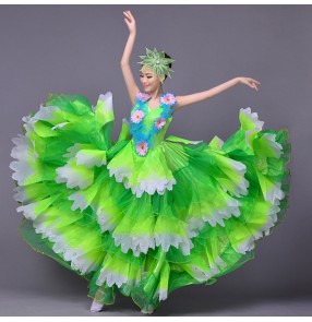 Green flowers spring summer big swing skirted  sleeveless modern dance stage performance womens women's ladies female bull dance spanish flamenco dance dresses dancing costumes dresses chorus dancing 540 degrees