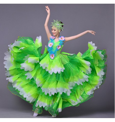 Green Flowers Spring Summer Big Swing Skirted Sleeveless Modern Dance