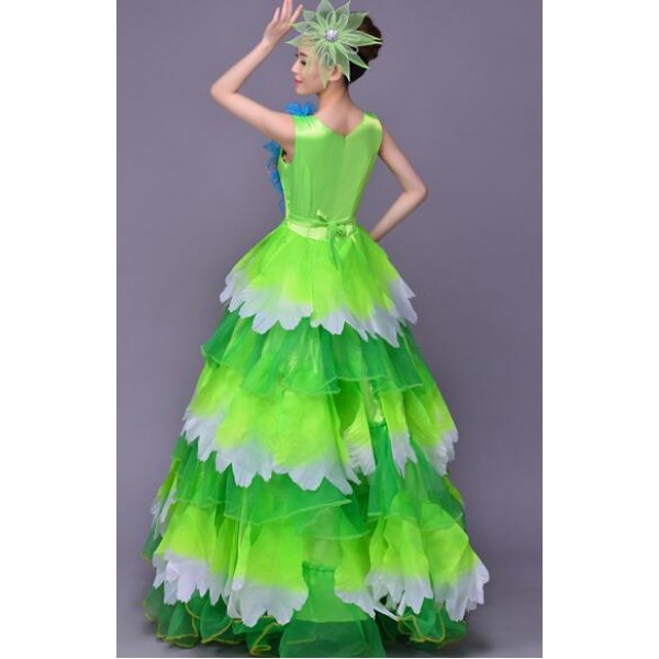 Green Flowers Spring Summer Big Swing Skirted Sleeveless Modern Dance