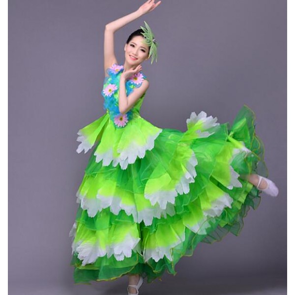 Green Flowers Spring Summer Big Swing Skirted Sleeveless Modern Dance