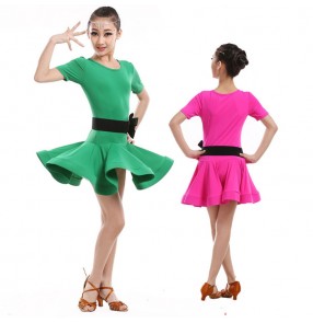 Green fuchsia colored girls kids child children competition short sleeves latin dance dresses ballroom dance dresses with sashes
