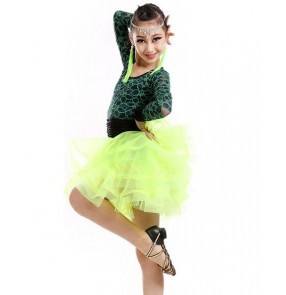 Green fuchsia Girls kids children lace long sleeves latin ballroom dance dresses 110-160cm