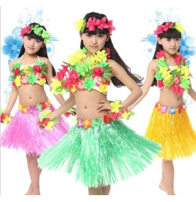  Green fuchsia green rainbow Girls kids children child baby grass hula belly dance modern dance stage performance grass dance dresses costumes jazz dance dresses