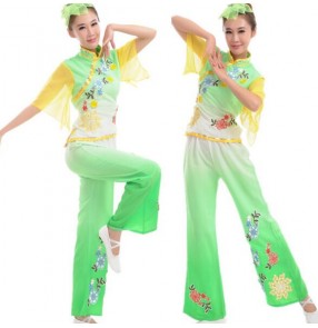 Green fuchsia light blue gradient colored womens girls  ladies female women's short chiffon sleeves Chinese folk dance costumes traditional ancient dance dresses top and pants 