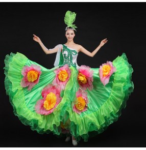 Green fuchsia patchwork sleeveless one shoulder women's ladies female modern dance stage performance opening dance dresses  spanish folk dance bull dance dresses 