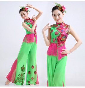 Green fuchsia patchwork women's womens ladies female vintage chinese folk dance fan yangko dance costumes dresses stage performance cos play sets