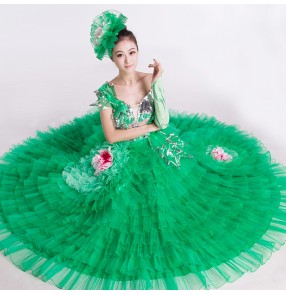 Green fuchsia Women's lady's girls sequined ruffles big full skirted modern dance costumes opening dance Spanish bull dance dresses