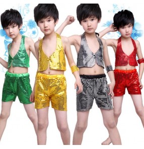  Green gold black red  Boys child children kids paillette sequined separate shorts and top modern dance jazz dance costumes dance wear sets 
