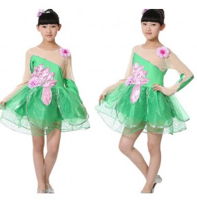 Green Lotus colored Long sleeves girls kids child children kindergarten toddlers modern dance princess stage performance cos play jazz dance singer dj dance costumes dresses 