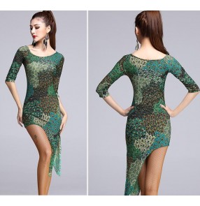 Green peacock printed colored women's ladies female competition professional short sleeves round neck latin dance dresses salsa cha cha samba rumba dancer dresses costumes 