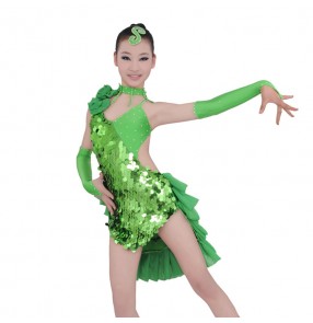 Green red royal blue girls kids child children toddlers paillette rhinestones competition professional backless latin dance salsa cha cha dance dresses with gloves and inside shorts