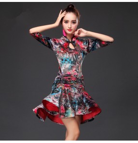 Green red velvet floral printed turtle neck long sleeves women's ladies competition performance latin ballroom dance dresses outfits costumes