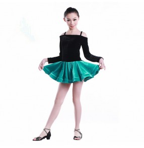 Green velvet black patchwork long sleeves dew shoulder girls kids children stage performance ballroom latin salsa dancing dresses outfits