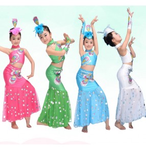 Green white fuchsia sequined one shoulder girls kids child children baby toddlers practice peacock dance stage performance chinese folk dance costumes mermaid dresses sets