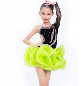 Hand made Black lace rhinestone neon green patchwork one shoulder sleeves gymnastics  competition professional girls kids child children growth backless latin samba salsa cha cha dance dresses 