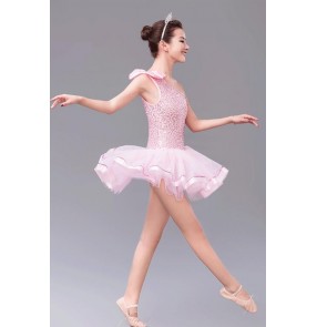 Kids girls pink sequined leotard tutu skirt ballet dance dress