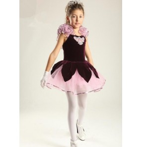 Kids girls purple velvet ballet dance dress tutu skirt skating dress