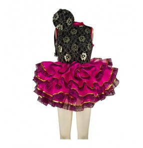 Kids girls ruffles leotard tutu skirt ballet dance dress black and fuchsia