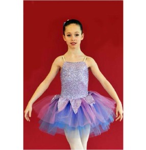 Kids girls violet sequined leotard tutu skirt ballet dancing dress
