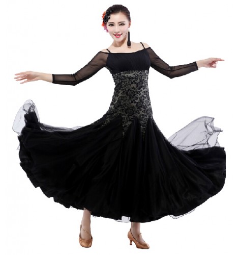 Lace off shoulder long sleeves ballroom dancing dress