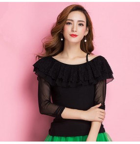 Lace ruffles neck dew  shoulder long sleeves women's competition performance latin ballroom tango dance tops blouses for ladiess