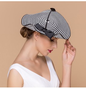 Ladies Church Feather Pillbox Hat Wedding Bridal straw Fascinators stripe