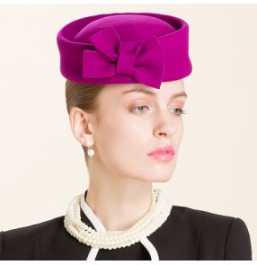 Lady's women's purple black bowknot top pillbox hat 100% wool handmade party fedoras