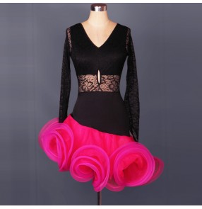 Latin dance sexy lace veil Pompon black latin dance dresses