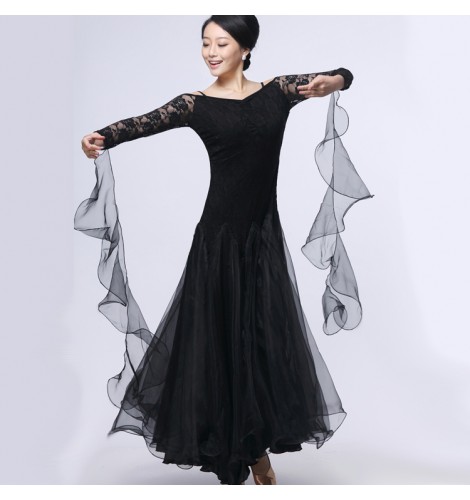 YC WELL Ballroom Dance Long Sleeve Tops Long Skirt Modern Waltz Tango Flamenco Fishbone Dresses 