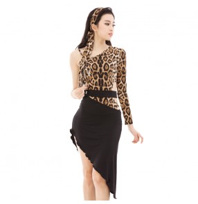 Leopard black colored patchwork Women's ladies one shoulder long sleeves sexy fashion  exercises practice latin dance  samba salsa cha cha dance dresses with leopard hair band