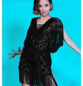 Leopard black colored women's ladies female sleeveless two pieces  lace tassels coat strap dress competition professional latin salsa  samba cha cha dance dresses 