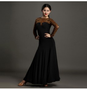 Leopard black patchwork long sleeves round neck  women's ladies female competition professional  standard ballroom waltz tango flamenco dance dresses