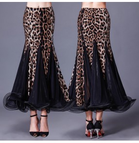 Leopard black royal blue red long length fish bone hem women's ladies female competition standard full skirted ballroom tango waltz latin dance skirts