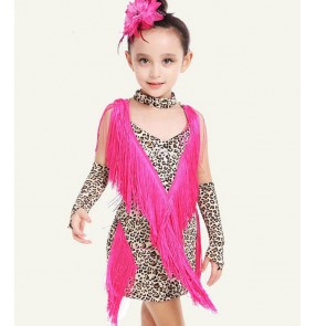 Leopard fuchsia red colored patchwork girls kids child children toddlers competition practice tassels  latin samba salsa cha cha dance dresses