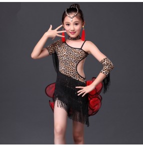 Leopard zebra patchwork one shoulder backless girls kids child children toddlers gymnastics rhinestones competition professional latin samba salsa cha cha dance dresses with shorts and choker gloves