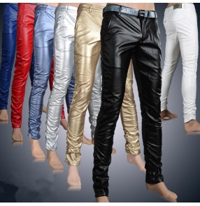 Light blue black silver black light gold red pu leather men's male performance stage performance fashion motorcycle show play jazz dance singer dj ds long length pants trousers dance wear