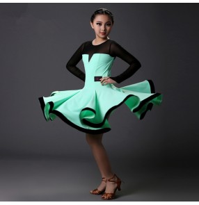 Light green fuchsia black patchwork colored girls kids child children baby long sleeves competition  professional standard latin ballroom dance dresses