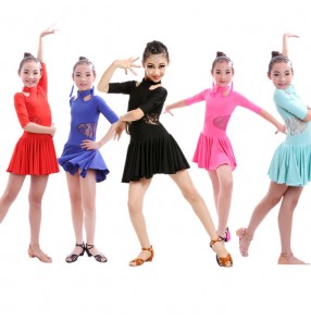 Light green mint royal blue red fuchsia black girls kids child children short sleeves turtle neck lace waistline exercise competition practice latin dance dresses 