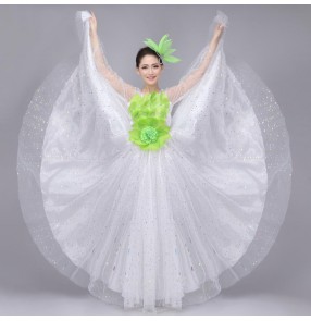 Light Pink fuchsia green white paillette sequined long sleeves womens women's ladies female modern dance spring summer opening dance chorus stage performance big swing flamenco dance dresses folk dance dancing dresses