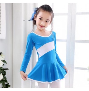 Light pink hot pink fuchsia turquoise blue striped white patchwork girls kids child children toddlers growth baby round neck long sleeves gymnastics  practice competition  latin ballet leotard tutu dance dresses