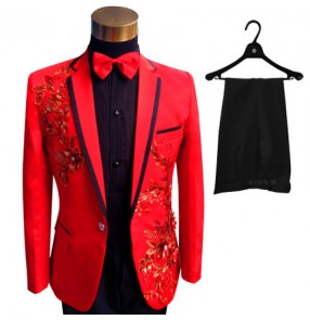 Luxury  Men red Suits ( Jacket + Pants )  Fashion Black Paillette Embroidered Male Singer ballroom latin Slim Performance Party Prom Costumes blazer Sets