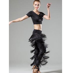 M-XXL Women's ladies girls black  latin dance sets top and tassels long pants