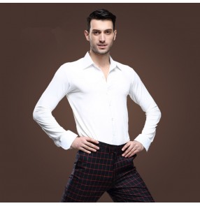 Male Men's turn down collar white latin dance top ballroom waltz dance shirt 