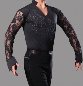 Man adult Black lace long sleeves v neck stand collar boys kids children  sequins men's competition performance professional latin ballroom tango waltz flamenco dance tops shirts for men