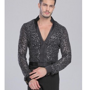 Men Latin Shirt Adult Latin Dance Tops Clothing For Dance Deep V-Neck Man Long Sleeve Dance Dress Waltz