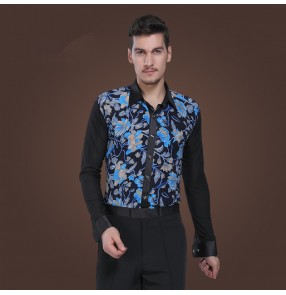 Men's blue printed floral latin dance shirt long sleeves turn down collar 