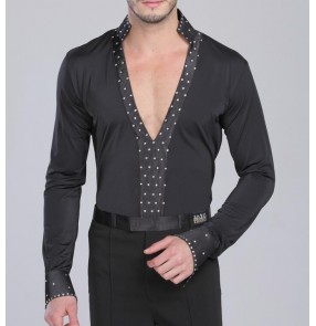 Men's deep v neck latin dance shirt with rhinestone 