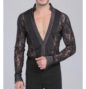 Men's lace latin ballroom dance shirt black and white ballroom dancing top 