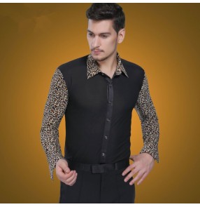 Men's leopard printed patchwork latin ballroom dance shirt turndown collar long sleeves