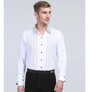 Men's male competition professional white long sleeves striped latin dance shirt ballroom dance tops  waltz tango dance shirts